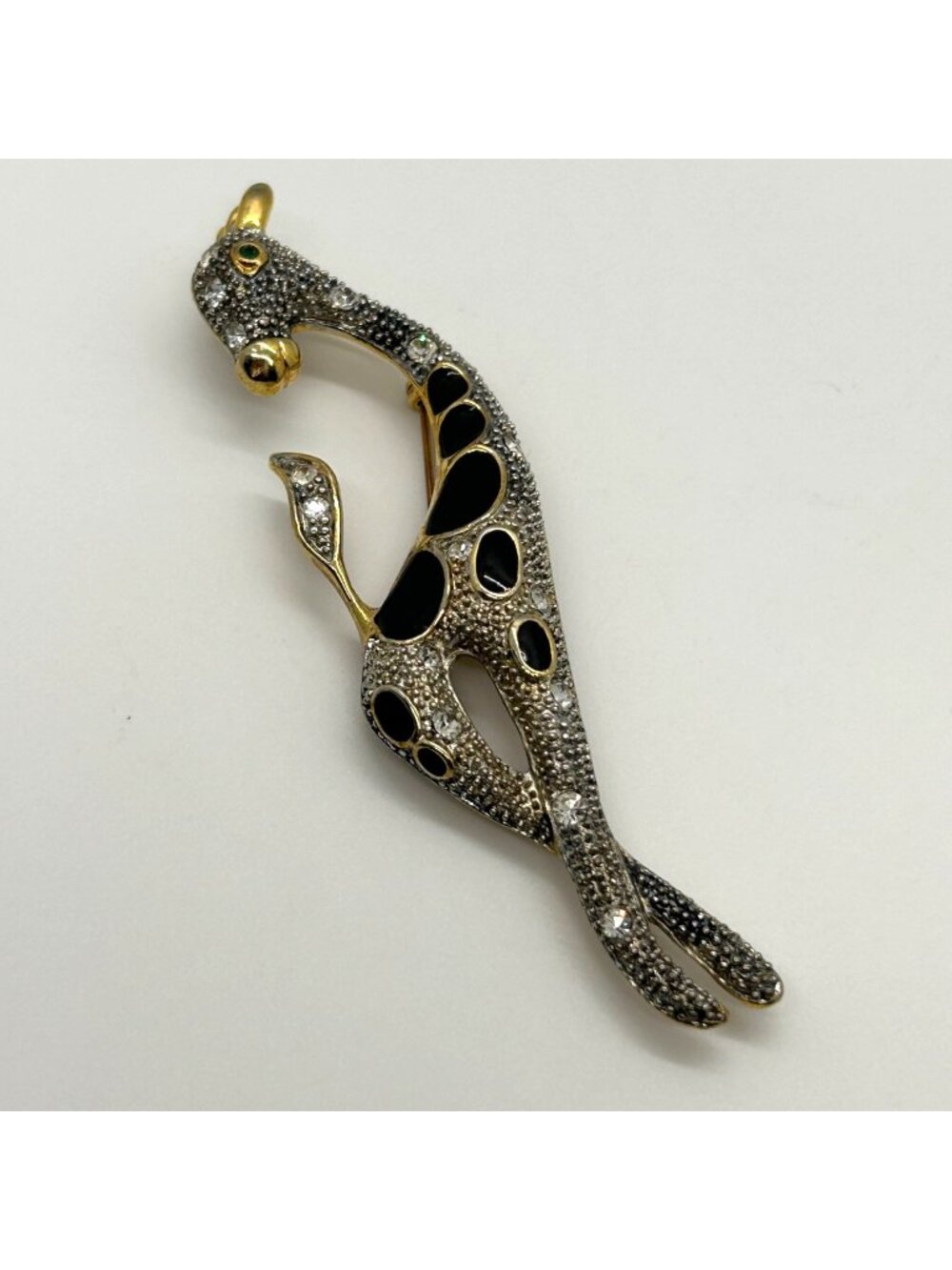 Vintage Gold Tone Giraffe Brooch Rhinestone Black Enamel Safari Animal Pin
